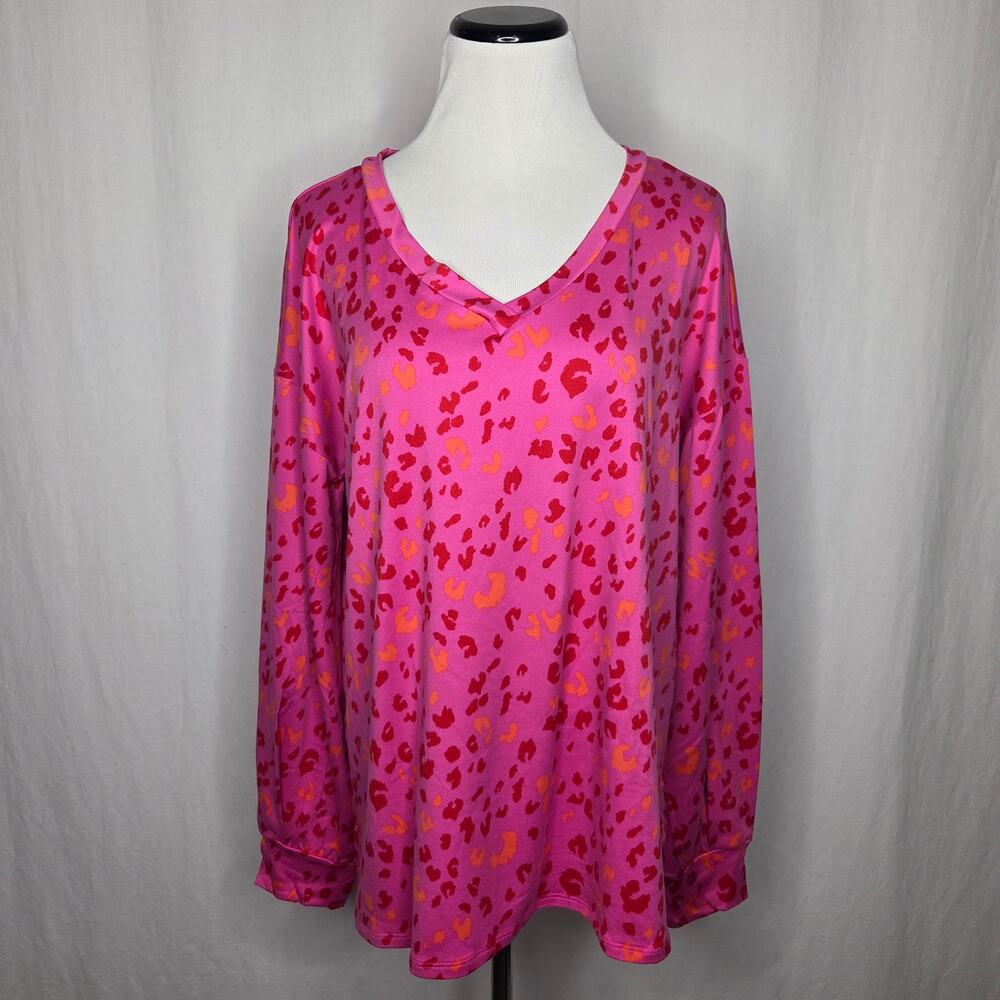 Jodifl Pink Leopard Print V Neck Long Sleeve Blouse Top Boutique NEW Large